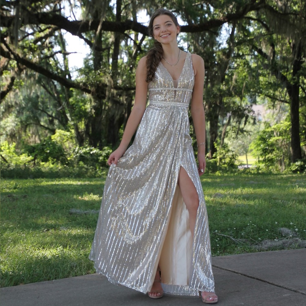 Mac Duggal Nude Silver Gown